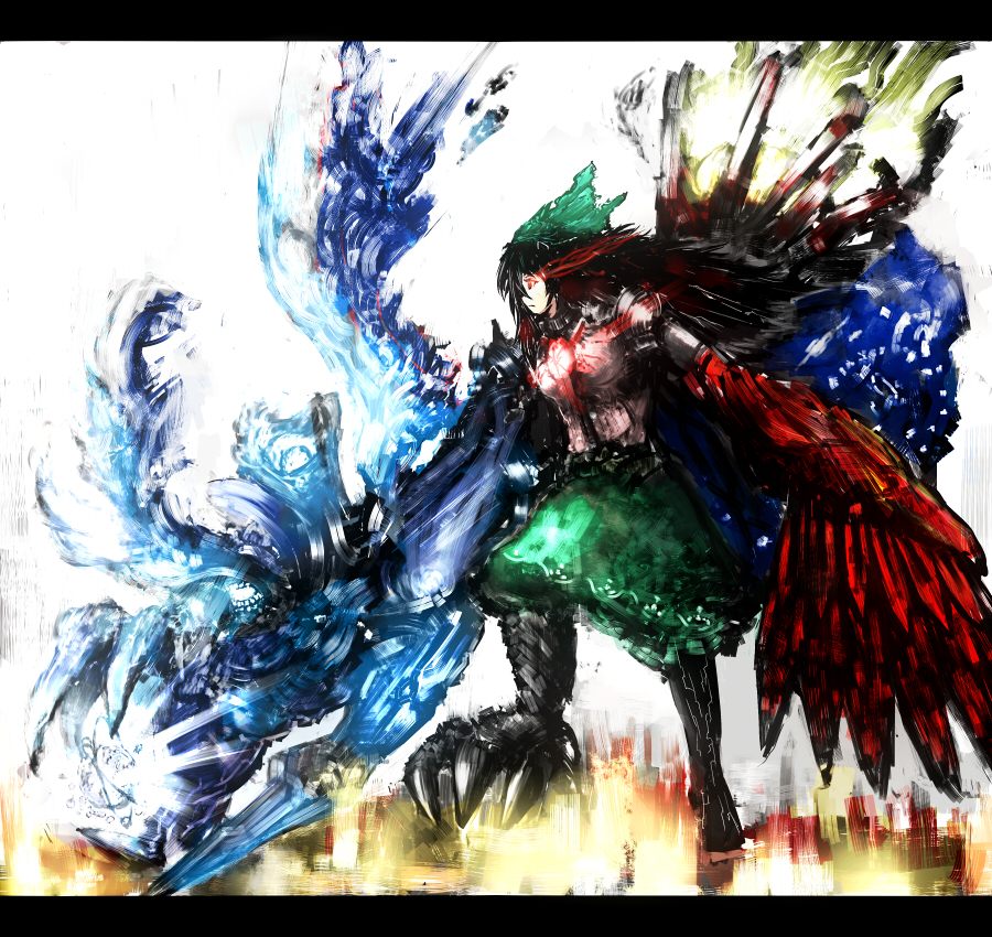 1girl, alternate_weapon, arm_cannon, black_hair, bow, claws, female_focus, glowing, glowing_eyes, hair_bow, kyuutinn, oversized_wings, letterboxed, long_hair, red_eyes, reiuji_utsuho, solo, third_eye, touhou, weapon, wings