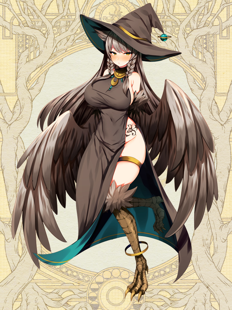 1girl, anklet, aura_venefika, bird_legs, black_dress, black_hat, braid, breasts, brown_hair, covered_navel, dairoku_ryouhei, dress, feathered_wings, full_body, harpy, hat, impossible_clothes, jewelry, large_breasts, looking_at_viewer, marota, mole, mole_on_breast, monster_girl, sleeveless, sleeveless_dress, tattoo, thigh_strap, twin_braids, winged_arms, wings, witch_hat, yellow_background