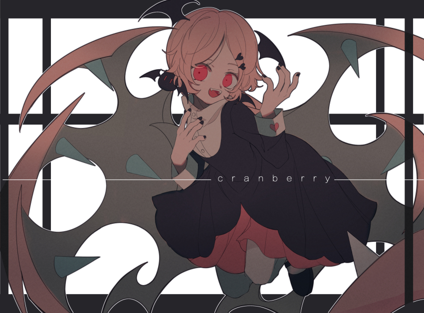 1girl, black_background, black_dress, black_nails, cranber_(funamusea), demon_girl, demon_wings, dress