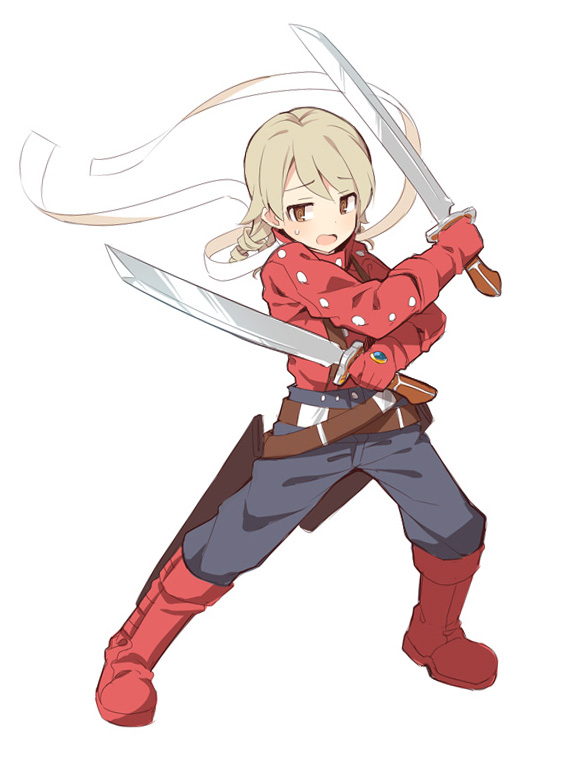 1girl, belt, blonde_hair, boots, brown_eyes, company_connection, cosplay, dual_wielding