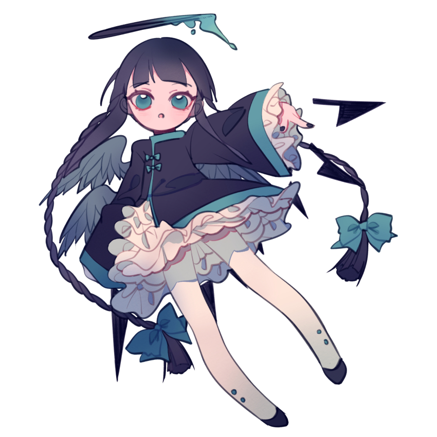 1girl, aconita_(funamusea), angel, angel_wings, black_hair, black_nails, black_shirt, blush