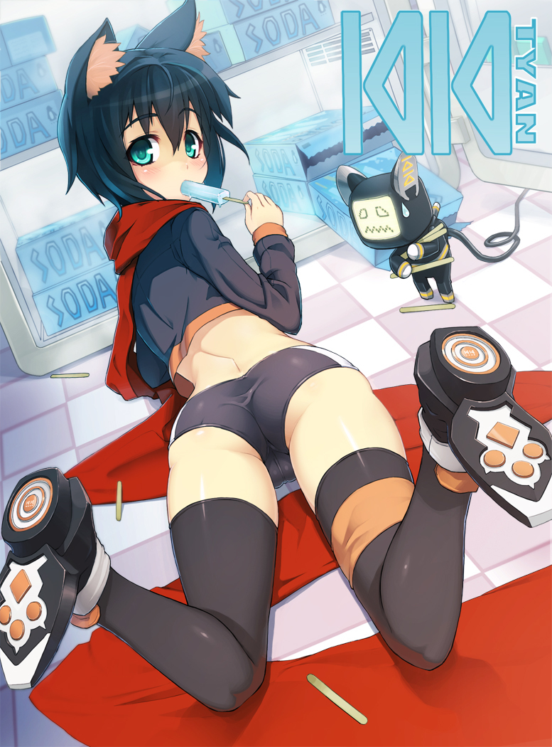 1girl, animal_ears, aqua_eyes, ass, bad_id, bad_pixiv_id, black_hair, blush, cameltoe, cat_ears, female_focus, food, from_behind, kiki_(koba), long_legs, looking_at_viewer, looking_back, lying, midriff, ookuma_nekosuke, original, panda_(pixiv), popsicle, red_scarf, robot, scarf, short_hair, short_shorts, shorts, solo, spandex, thighhighs, tiles, trefoil
