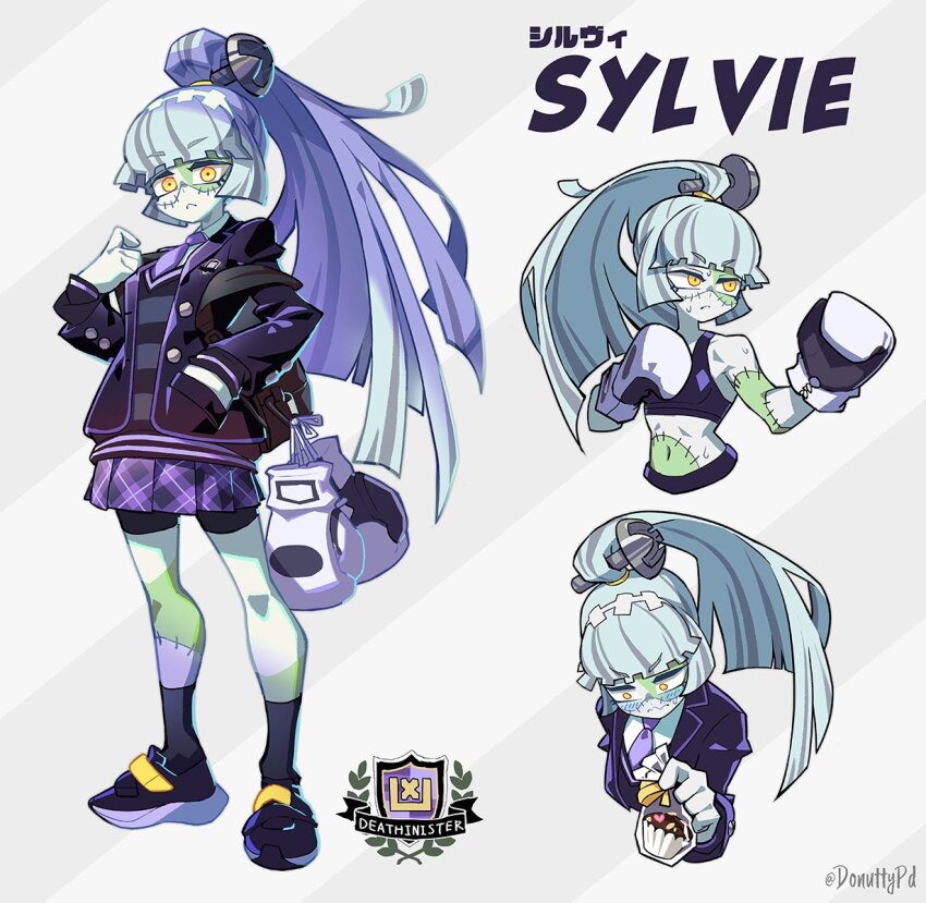 1girl, bag, black_footwear, black_jacket, black_shorts, black_socks, blush, boxing, boxing_gloves, buttons, colored_skin, cupcake, donuttypd, multiple_expressions, food, gloves, green_hair, highres, holding, holding_bag, jacket, long_hair, looking_at_viewer, looking_away, looking_down, multicolored_skin, necktie, original, pleated_skirt, ponytail, purple_necktie, purple_skirt, ribbon, school_uniform, screw, shoes, shorts, shorts_under_skirt, skirt, socks, sports_bra, stitched_arm, stitched_face, stitched_leg, stitches, striped, sylvie_(donuttypd), transparent_bag, yellow_eyes