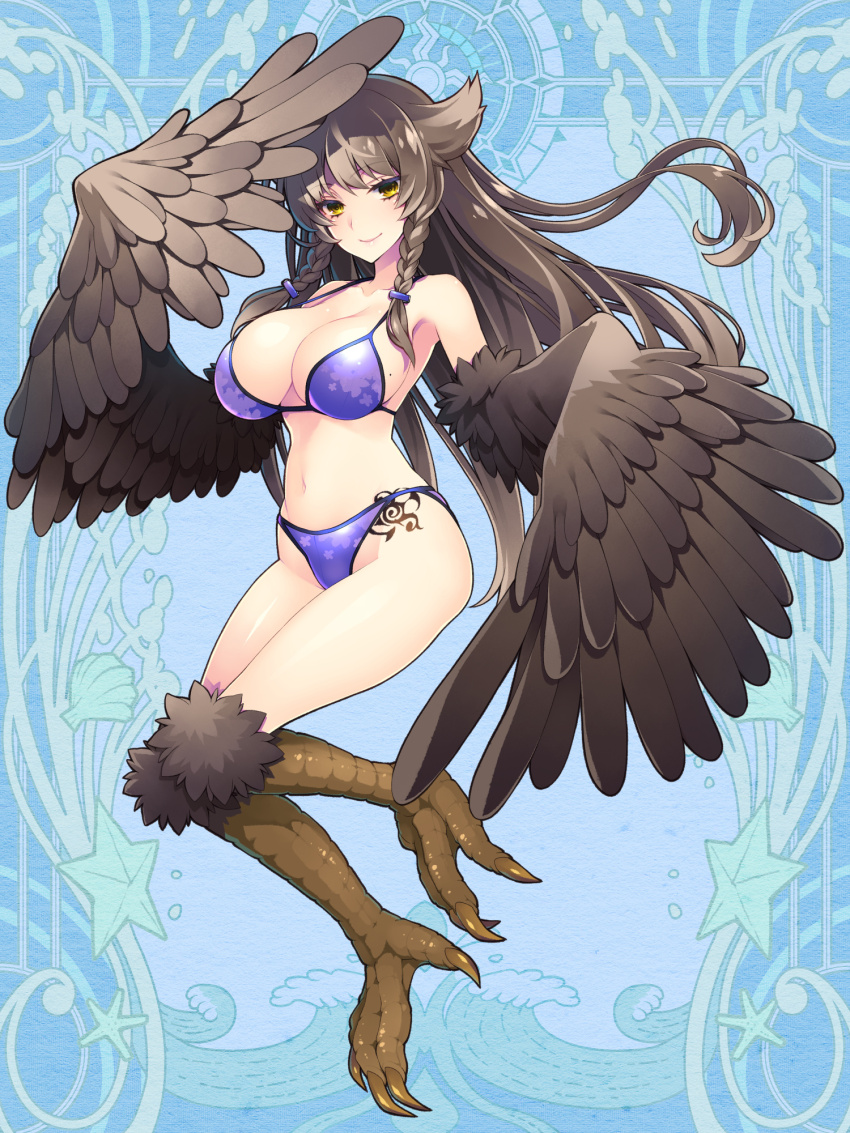 1girl, aura_venefika, bikini, bird_legs, blue_background, braid, breasts, brown_hair