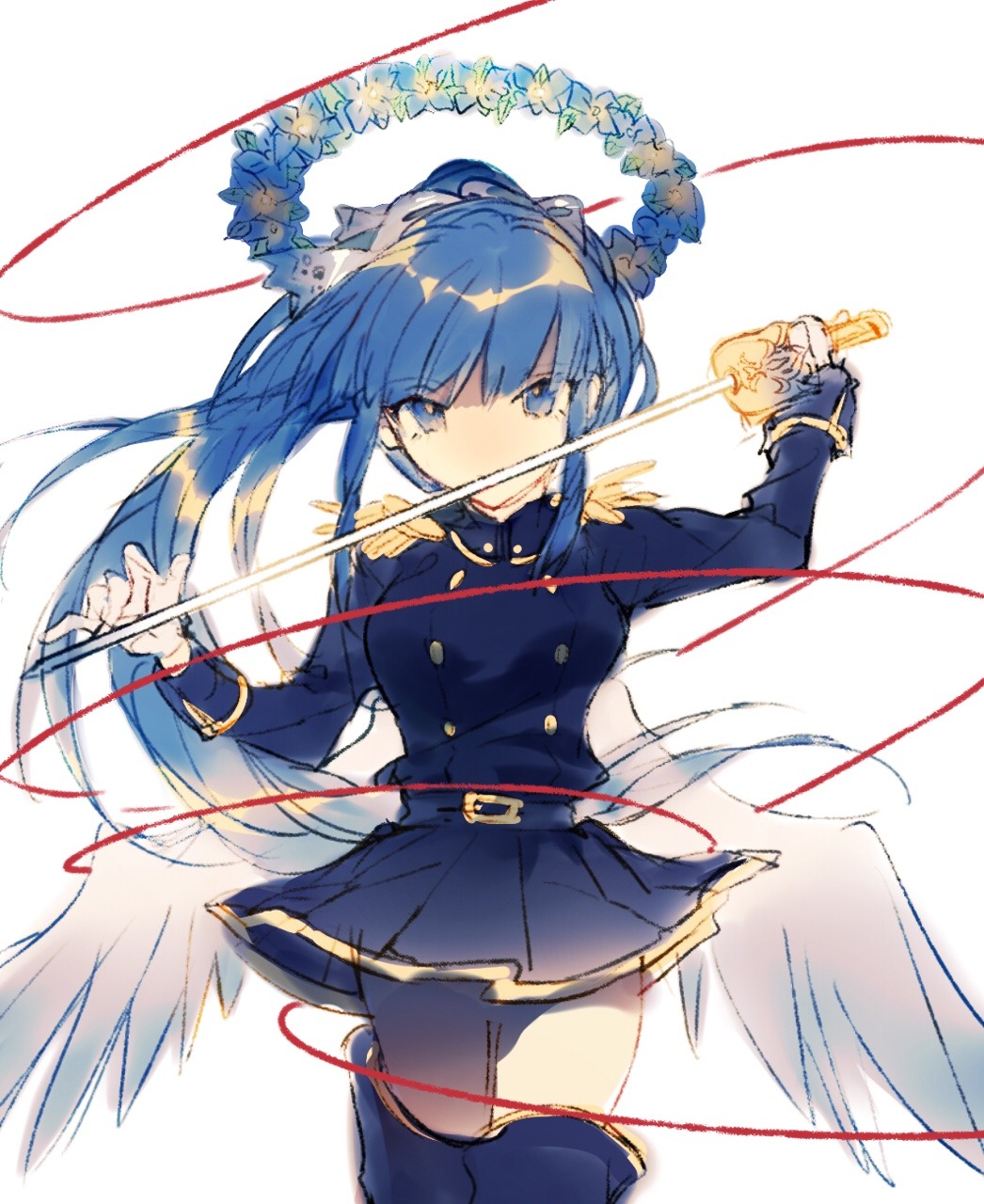 1girl, angel, angel_wings, blue_eyes, blue_flower, blue_hair, covered_mouth, epaulettes