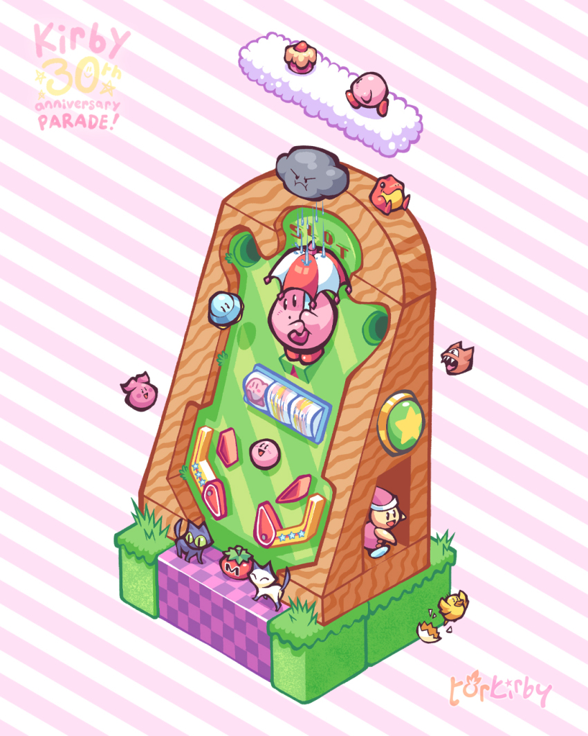:d, ^_^, angry_scarfy, anniversary, artist_name, baby_animal, bird, cake, cat, character_request, chick, closed_eyes, cloud, commentary, commentary_request, copyright_name, crack-tweet, eggshell, english_commentary, flying, food, frown, grass, green_eyes, hat, highres, holding, holding_umbrella, kirby, kirby's_pinball_land, kirby_(series), maxim_tomato, mixed-language_commentary, nimbus_(kirby), nintendo, no_humans, on_cloud, one-eyed, open_mouth, parasol, parasol_kirby, pinball, pink_background, poppy_bros_jr, rain, scarfy, sharp_teeth, simple_background, sitting, slippy_(kirby), slot_machine, smile, star_(symbol), striped_background, teeth, tomato, torkirby, ufo, ufo_(kirby), umbrella, v-shaped_eyebrows, walking, white_background