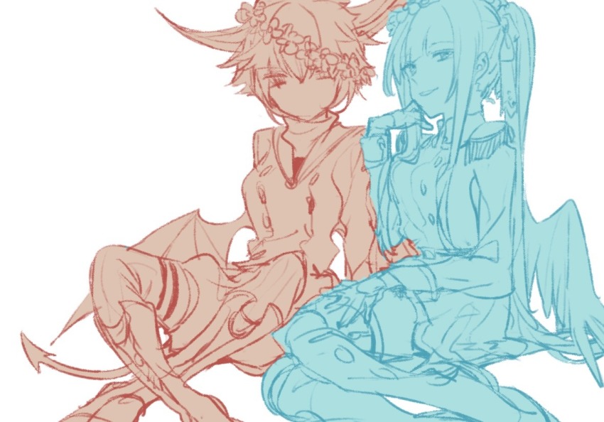 2girls, androgynous, boots, closed_mouth, couple, epaulettes, full_body, funamusea