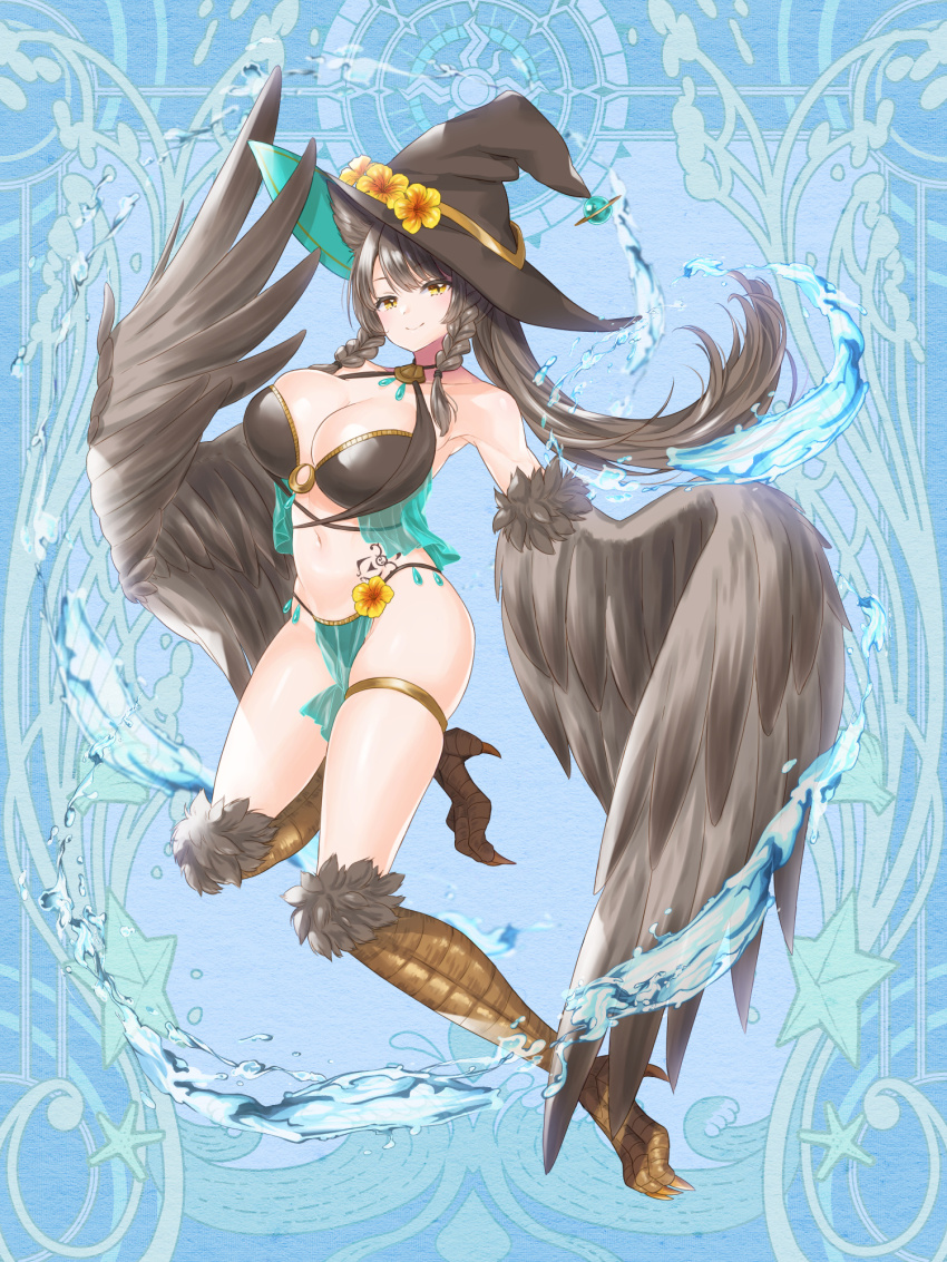 1girl, aura_venefika, bikini, bird_legs, blue_background, braid, breasts, brown_bikini