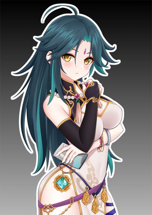 1girl, adapted_costume, alternate_costume, bag, bead_necklace, beads, belt, bracelet, breasts, bridal_gauntlets, china_dress, chinese_clothes, cleavage, cleavage_cutout, clothing_cutout, commentary_request, dress, eyeshadow, facial_mark, forehead_mark, genderswap, genderswap_(mtf), genshin_impact, gloves, green_hair, grey_background, handbag, holding, holding_bag, jewelry, kirilenko_(cgd), large_breasts, long_hair, looking_at_viewer, makeup, medium_breasts, multicolored_hair, necklace, parted_bangs, pelvic_curtain, red_eyeshadow, side_slit, sidelocks, simple_background, single_glove, sleeveless, sleeveless_turtleneck_dress, solo, streaked_hair, two-tone_hair, vision_(genshin_impact), xiao_(genshin_impact), yellow_eyes