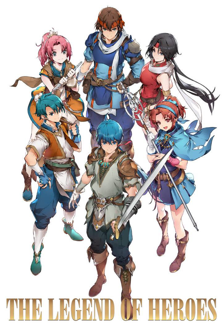 3boys, 3girls, ahoge, akai_shizuku, armlet, armor, asymmetrical_bangs, avin_(eiyuu_densetsu)