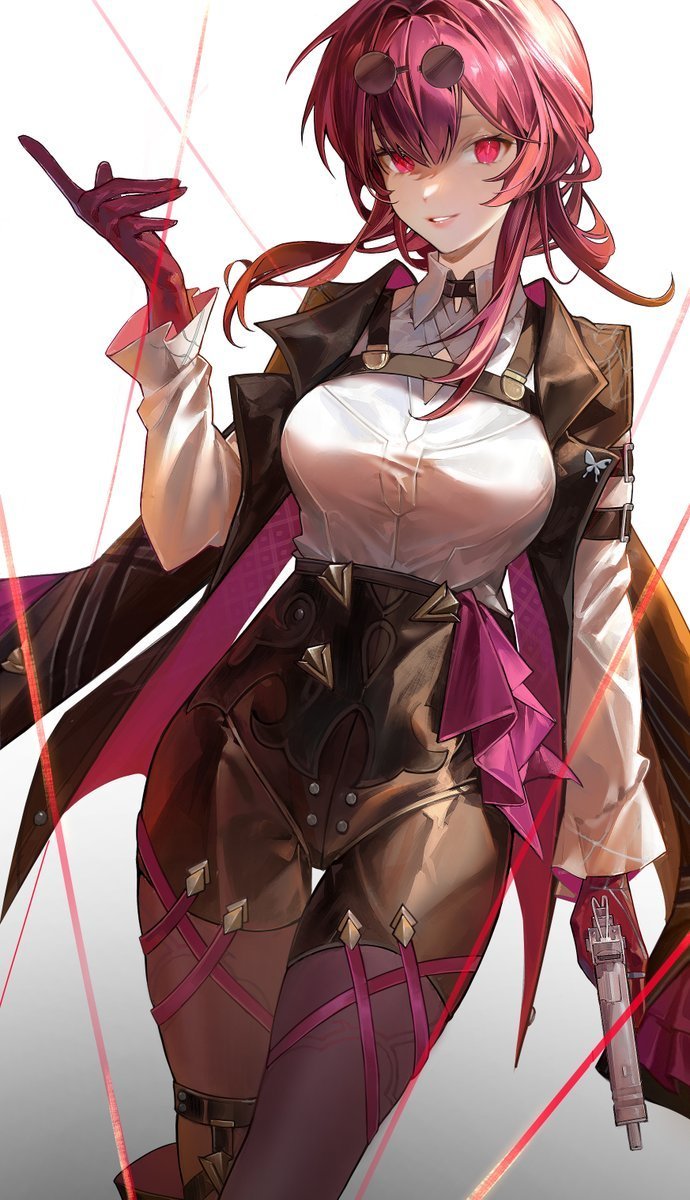 1girl, arrrrrry1, black_jacket, butterfly_ornament, eyewear_on_head, gloves, gun, handgun