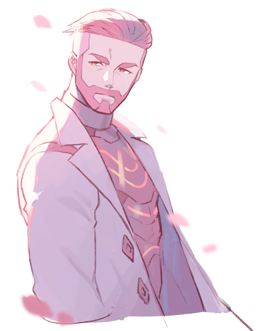 1boy, beard, bodysuit, bright_pupils, closed_mouth, coat, commentary, facial_hair