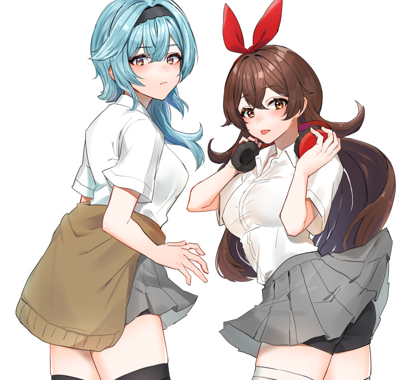 2girls, absurdres, adjusting_headphones, alternate_costume, amber_(genshin_impact), bike_shorts, black_thighhighs, blue_hair