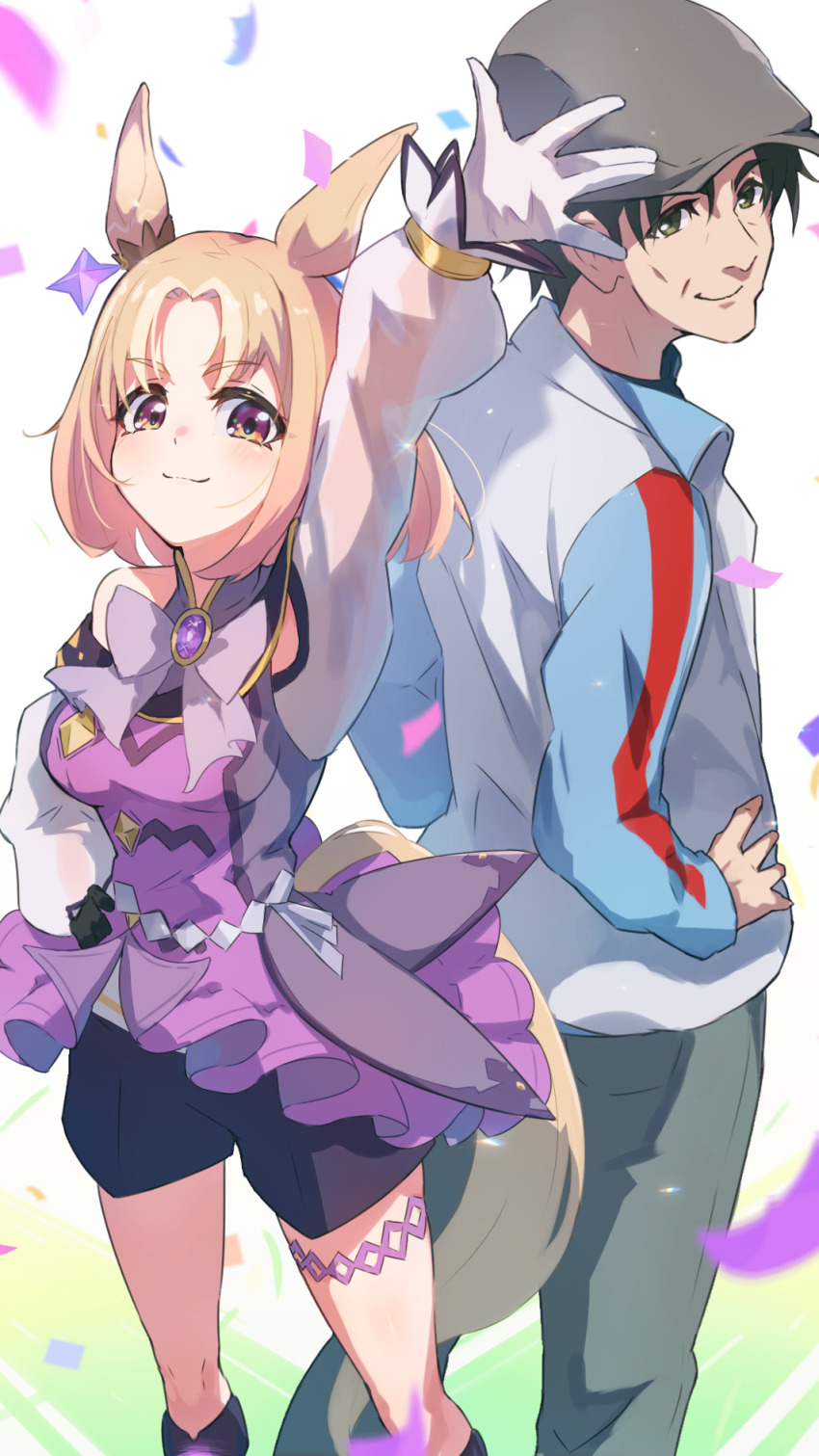 1boy, 1girl, animal_ears, blonde_hair, collared_jacket, ear_covers, ear_ornament, highres