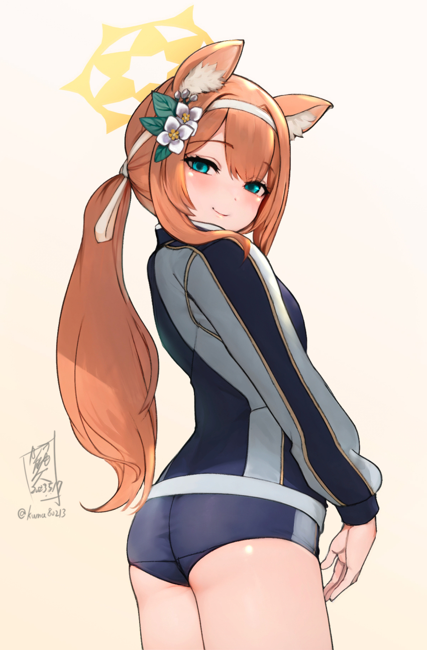 1girl, animal_ear_fluff, animal_ears, ass, blue_archive, blue_buruma, blue_eyes, blush, buruma, closed_mouth, flower, from_behind, gym_uniform, hair_flower, hair_ornament, half-closed_eyes, halo, headband, highres, jacket, kuma_no_hito, long_hair, long_sleeves, looking_at_viewer, looking_back, mari_(blue_archive), mari_(track)_(blue_archive), multicolored_jacket, official_alternate_costume, orange_hair, smile, solo, track_jacket, two-tone_jacket, white_flower, white_headband, yellow_halo