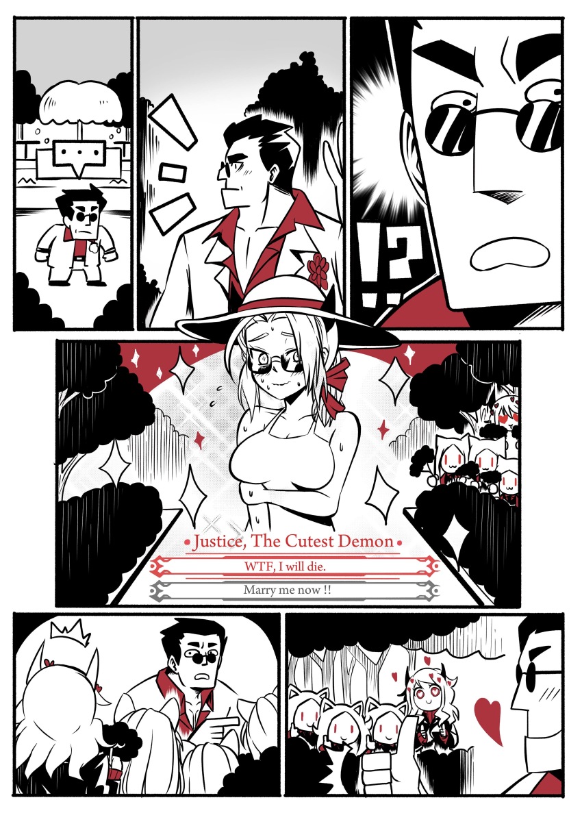 !?, ..., 1boy, 5girls, ^^^, absurdres, alternate_costume, alternate_hairstyle