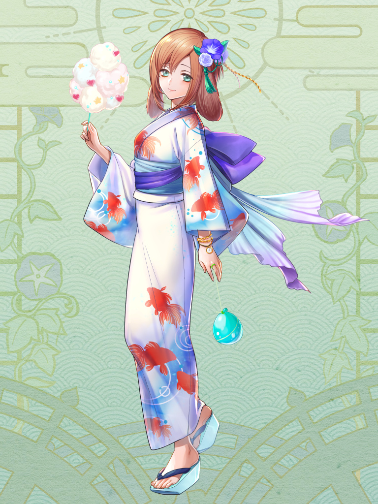 1girl, animal_ears, animal_print, bracelet, brown_hair, cotton_candy, dairoku_ryouhei, dog_ears, fish_print, flower, food, full_body, goldfish_print, green_background, green_eyes, hair_flower, hair_ornament, holding, holding_cotton_candy, holding_food, japanese_clothes, jewelry, kansai_takeru, kimono, medium_hair, obi, okobo, platform_sandals, sandals, sash, solo, standing, tosuka_beryl, water_yoyo, wide_sleeves, yukata