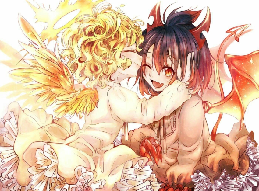 1boy, 1girl, aged_down, angel_wings, black_hair, blonde_hair, brother_and_sister, child, demon_boy, demon_horns, demon_tail, demon_wings, dress, feathered_wings, funamusea, haiiro_teien, halo, haloc, horns, igls_unth, itv09876543212, ivlis_(funamusea), multicolored_hair, one_eye_closed, orange_eyes, red_hair, short_hair, siblings, tail, taiyou_no_jubaku, twins, white_background, wings