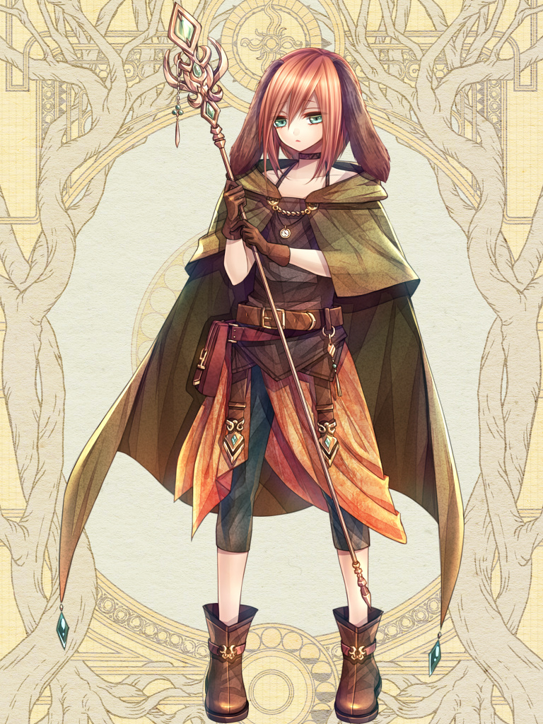 1girl, animal_ears, belt, belt_pouch, black_pants, boots, brown_boots, brown_cape, brown_gloves, brown_hair, cape, dairoku_ryouhei, dog_ears, full_body, gloves, green_eyes, hair_between_eyes, holding, holding_staff, kai_(tw02602), medium_hair, pants, pouch, solo, staff, standing, tosuka_beryl, watch, yellow_background