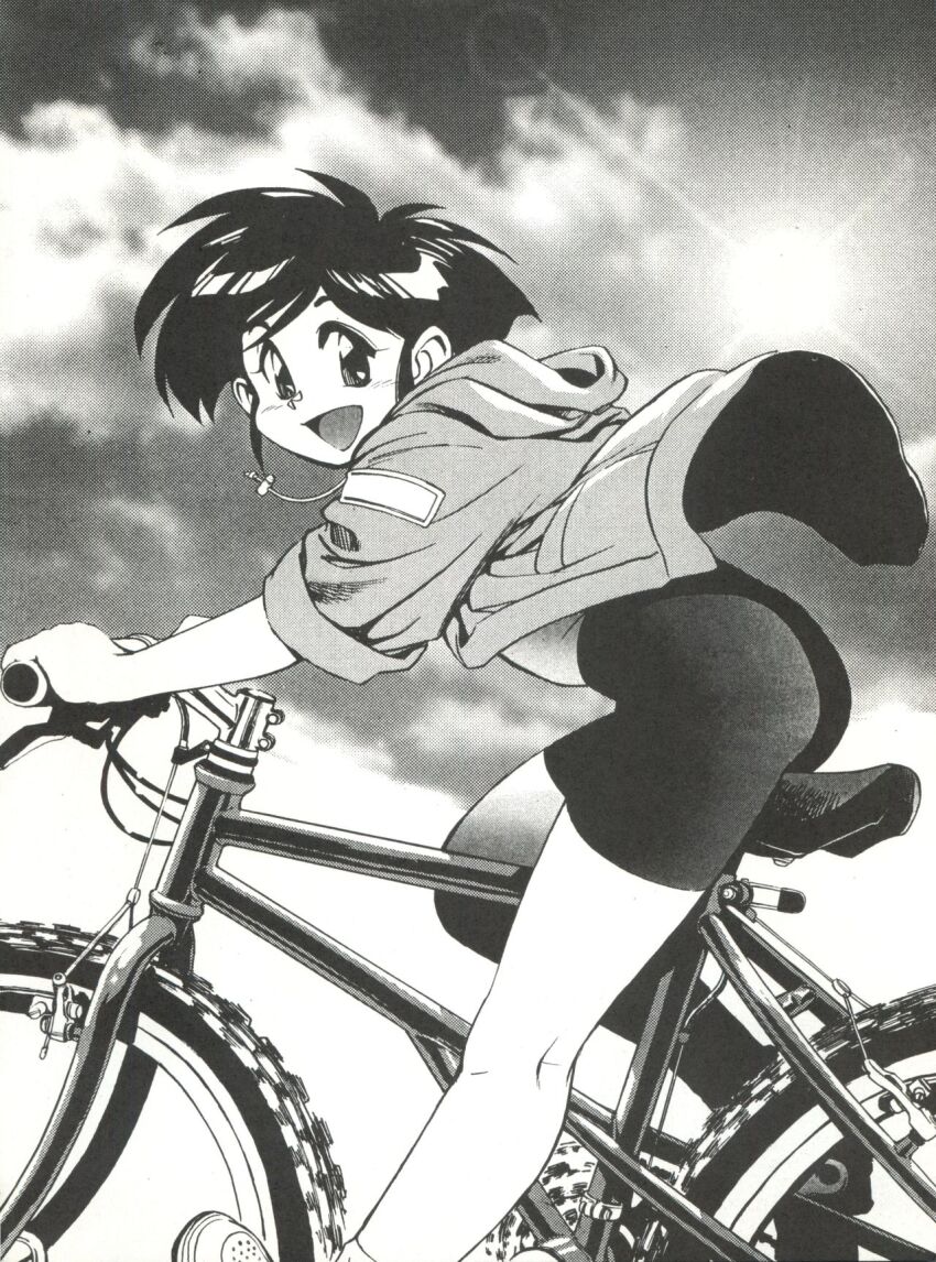 1girl, ass, bicycle, bike_shorts, blush, cloud, ditama_bow, hanaoka_isami, highres, jacket, lens_flare, looking_at_viewer, monochrome, open_clothes, open_jacket, open_mouth, riding, shoes, short_hair, short_sleeves, shorts, sky, smile, sneakers, sun, tobe!_isami