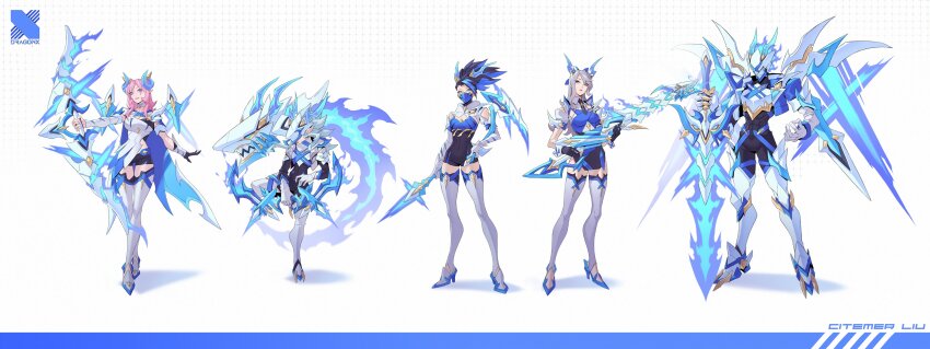 1boy, 4girls, aatrox, absurdres, akali, artist_name, ashe_(league_of_legends), boots, bow_(weapon), caitlyn_(league_of_legends), citemer, concept_art, drx, drx_aatrox, drx_akali, drx_ashe, drx_caitlyn, drx_kindred, full_body, gun, highres, kindred_(league_of_legends), lamb_(league_of_legends), league_of_legends, logo, multiple_girls, official_alternate_costume, official_art, rifle, simple_background, sword, thigh_boots, weapon, white_background, wolf_(league_of_legends)