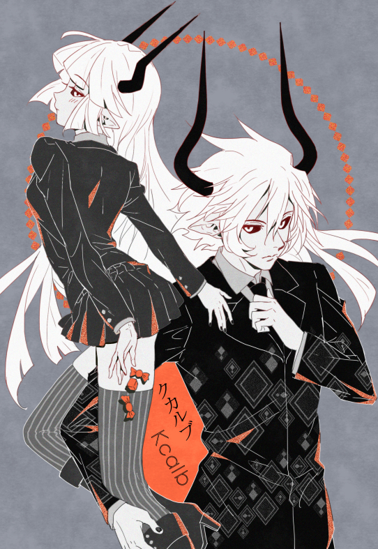 1boy, 1girl, black_jacket, black_necktie, black_sclera, black_skirt, blush, character_name