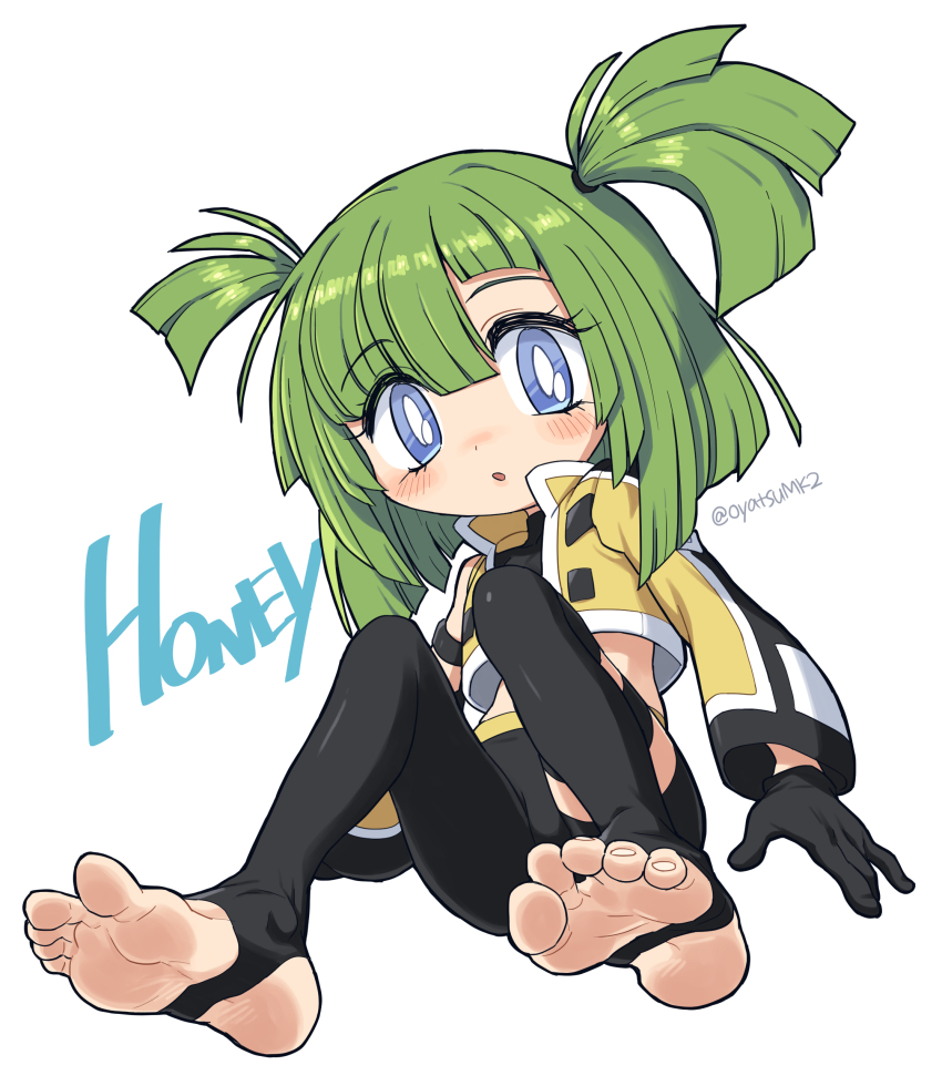 1girl, :o, absurdres, asymmetrical_bangs, barefoot, black_gloves, black_thighhighs, blue_eyes, blunt_ends, blush, bright_pupils, character_name, cropped_jacket, feet, female_focus, foot_focus, gloves, highres, honoo_no_toukyuujo:_dodge_danko, jacket, looking_at_viewer, medium_hair, otohana_hanii, oyatsu_(mk2), simple_background, single_thighhigh, soles, solo, thighhighs, toeless_legwear, toes, twitter_username, two_side_up, white_background, white_pupils, yellow_jacket