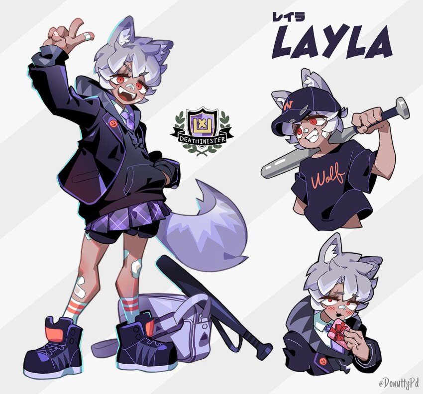 1girl, animal_ear_fluff, animal_ears, arm_up, bag, bandages, bandaid, baseball_bat, baseball_cap, black_footwear, black_headwear, black_hoodie, black_jacket, black_shirt, black_shorts, blush, dark-skinned_female, dark_skin, donuttypd, multiple_expressions, gift, grey_hair, hand_in_pocket, hat, holding, holding_gift, hood, hoodie, jacket, layla_(donuttypd), long_sleeves, looking_at_viewer, looking_up, necktie, open_clothes, open_jacket, open_mouth, original, plaid_clothes, plaid_skirt, pleated_skirt, purple_bag, purple_necktie, purple_skirt, red_eyes, scar, school_uniform, sharp_teeth, shirt, shoes, short_hair, short_sleeves, shorts, shorts_under_skirt, skirt, smile, socks, striped_background, tail, teeth, v, wolf_ears, wolf_girl, wolf_tail