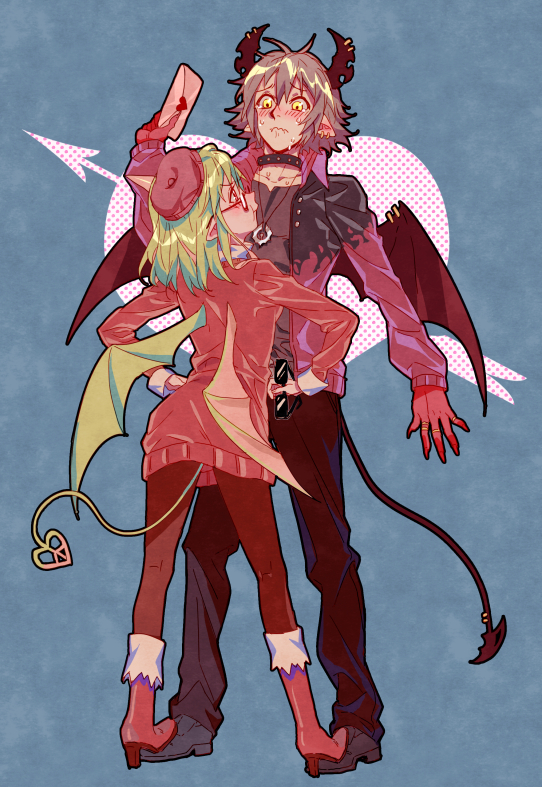 1boy, 1girl, blue_background, boots, demon_boy, demon_girl, demon_horns, demon_tail
