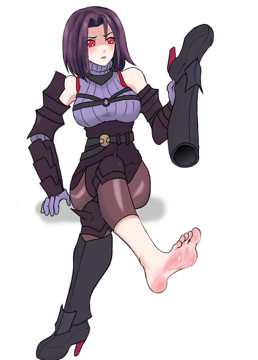 1girl, barefoot, boots, crossed_legs, feet, female_warrior_(goblin_slayer!), goblin_slayer!, highres