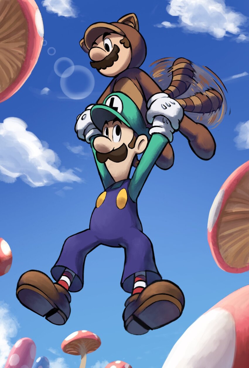 2boys, blue_overalls, blue_sky, brothers, brown_footwear, brown_hair, clenched_hands, cloud