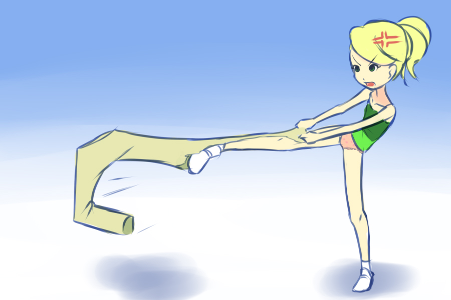 1girl, anger_vein, angry, black_eyes, blonde_hair, blue_background, brown_pants, cindy_vortex, clothes_pull, collarbone, drantyno, female_focus, flat_chest, full_body, gradient_background, green_shirt, high_ponytail, jimmy_neutron_(series), lace, lace-trimmed_panties, lace_trim, living_clothes, loli, long_hair, nickelodeon, open_mouth, panties, pants, pants_pull, pink_panties, polka_dot, polka_dot_panties, ponytail, pulling_another's_clothes, scene_reference, shirt, shoes, socks, standing, standing_on_one_leg, tank_top, torn_clothes, torn_pants, underwear, white_shoes, white_socks