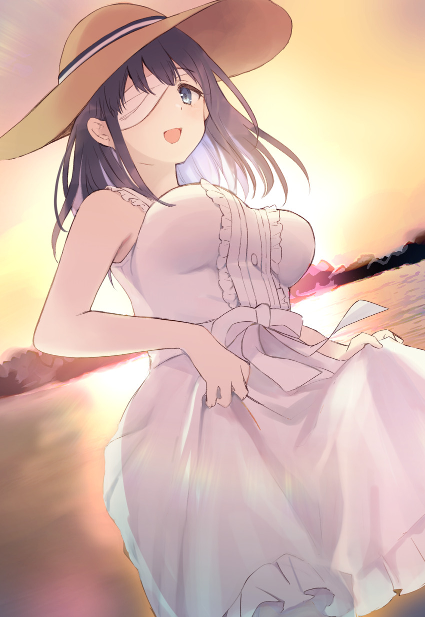 1girl, :d, bandage_over_one_eye, bare_arms, bare_shoulders, black_hair, blue_eyes, blue_hair, breasts, brown_hat, center_frills, commentary_request, dress, frilled_dress, frills, gucchiann, hat, highres, holding_own_dress, looking_away, medium_breasts, misora_(princess_connect!), misora_(real)_(princess_connect!), multicolored_hair, open_mouth, outdoors, princess_connect!, sky, sleeveless, sleeveless_dress, smile, solo, sun_hat, sunset, two-tone_hair, water, white_dress