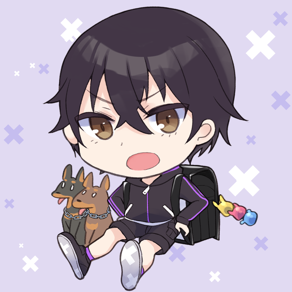 1boy, animal, backpack, bag, black_hair, black_jacket, black_shoes, black_shorts