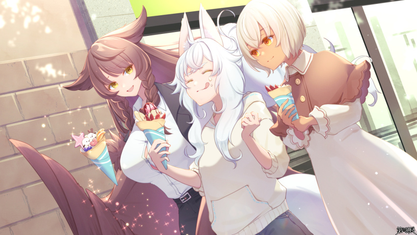 animal_ears, aura_venefika, belt, black_skirt, braid, breasts, brown_wings, building, clara_lindvall, closed_eyes, copyright_name, crepe, dairoku_ryouhei, dress, eating, feathered_wings, fire_ito, flipped_hair, food, highres, holding, holding_crepe, holding_food, hood, hoodie, large_breasts, licking_lips, long_hair, orange_eyes, outdoors, rabbit_ears, shirt, short_hair, shorts, skirt, tongue, tongue_out, toron_craft, twin_braids, very_long_hair, white_dress, white_hair, white_shirt, wings, yellow_eyes