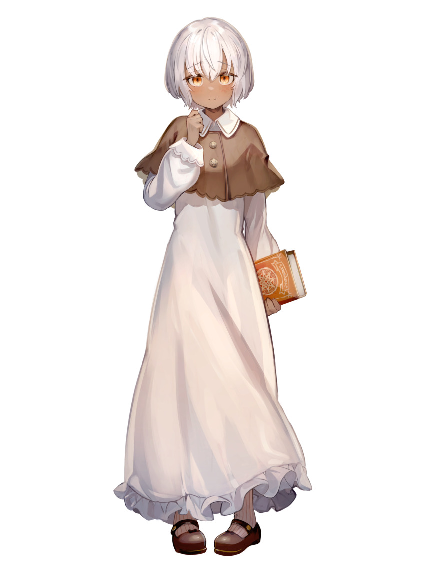 1girl, book, brown_capelet, brown_shoes, capelet, clara_lindvall, dairoku_ryouhei, dark-skinned_female, dark_skin, dress, hand_up, highres, holding, holding_book, long_sleeves, looking_at_viewer, mary_janes, motsuni-komi, orange_eyes, shoes, smile, socks, solo, transparent_background, white_dress, white_hair