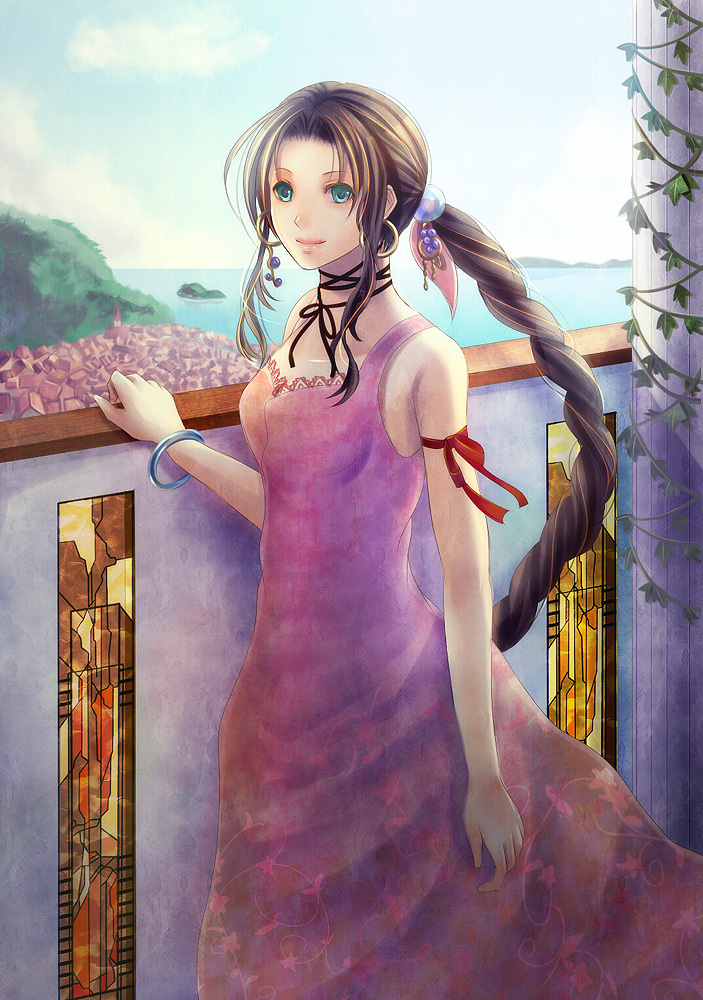 1990s_(style), 1girl, aerith_gainsborough, bracelet, braid, brown_hair, choker, dress, earrings, female_focus, final_fantasy, final_fantasy_vii, green_eyes, jewelry, long_dress, long_hair, pink_dress, retro_artstyle, ribbon, shinrin_kusaba, sin-rin, single_braid, solo, very_long_hair