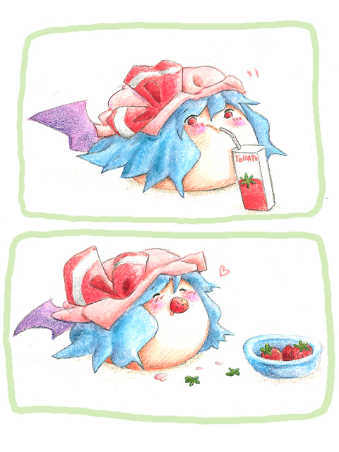 aby, bat_wings, bowl, drink_carton, drinking_straw, female_focus, food, fruit