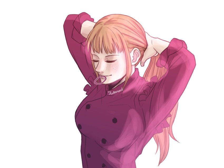 1girl, artist_name, brown_hair, chef, closed_eyes, closed_mouth, cosette_(one_piece), freckles