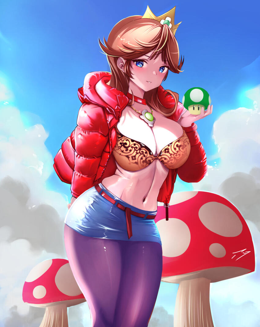 1-up_mushroom, 1girl, blue_eyes, blush, breasts, brown_hair, cleavage, coat