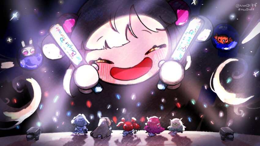 6+girls, ^_^, artist_name, blonde_hair, blue_hair, blush, brown_hair, ceres_fauna, chibi, closed_eyes, commentary, dress, from_behind, glowstick, green_hair, hakos_baelz, hands_up, holocouncil, hololive, hololive_english, hololive_idol_uniform_(bright), irys_(hololive), multiple_girls, nanashi_mumei, noaqi77, ouro_kronii, purple_hair, red_hair, smile, spotlight, stage, tsukumo_sana, twintails, twitter_username, virtual_youtuber, white_dress