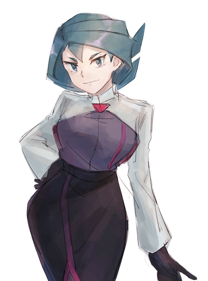 1girl, black_gloves, black_skirt, bright_pupils, closed_mouth, commentary_request, cropped_jacket, flipped_hair, gloves, green_eyes, green_hair, high-waist_skirt, highres, jacket, long_sleeves, looking_at_viewer, maxwell_yaochu, nintendo, onia_(pokemon), pokemon, pokemon_(anime), pokemon_horizons, shirt, simple_background, skirt, smile, solo, white_background, white_pupils