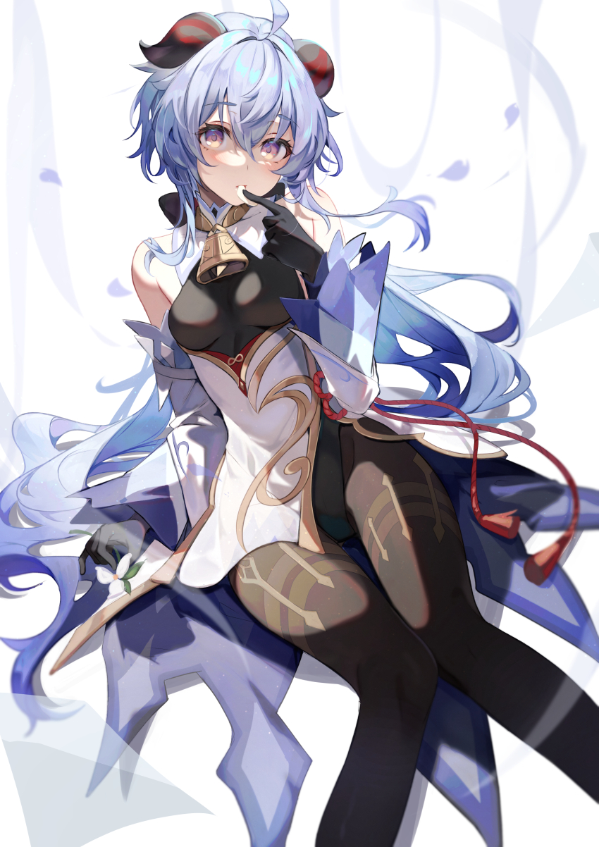 1girl, absurdres, ahoge, bare_shoulders, black_gloves, black_leotard, black_pantyhose, blue_hair