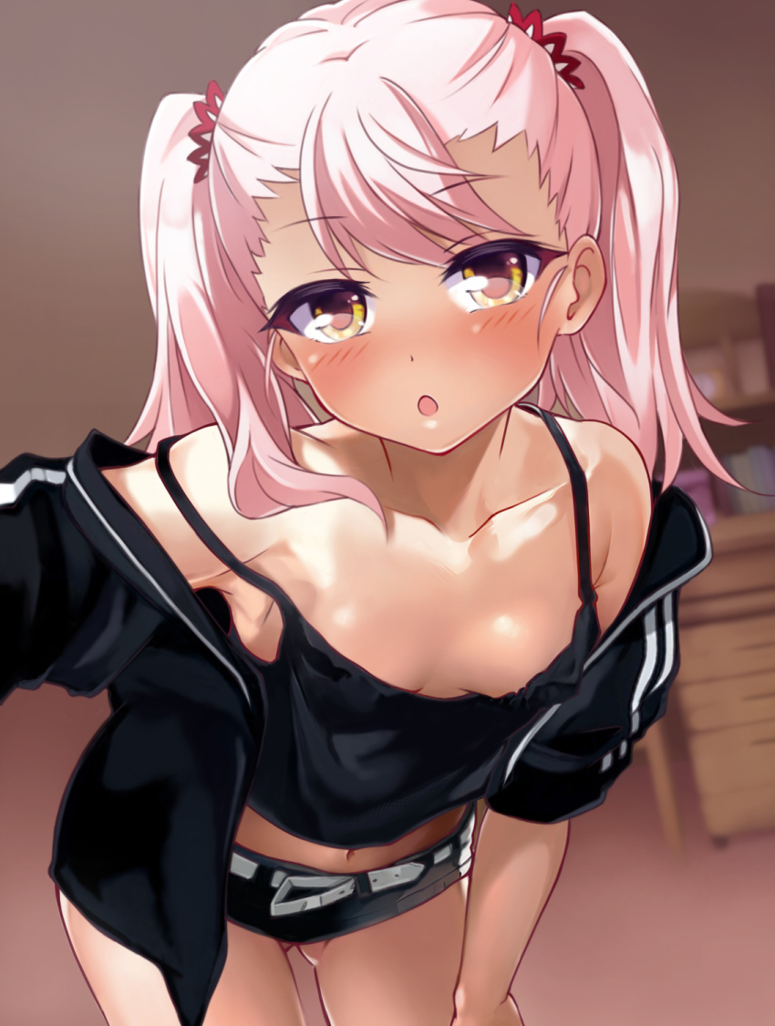 1girl, bare_shoulders, belt, black_camisole, black_jacket, black_shorts, blush, breasts, camisole, chloe_von_einzbern, chloe_von_einzbern_(medicos), collarbone, dark-skinned_female, dark_skin, fate/kaleid_liner_prisma_illya, fate_(series), hair_between_eyes, highres, jacket, leaning_forward, long_hair, long_sleeves, looking_at_viewer, mochi_(k620803n), navel, off_shoulder, open_clothes, open_jacket, open_mouth, orange_eyes, pink_hair, short_shorts, shorts, sidelocks, small_breasts, solo, thighs, twintails