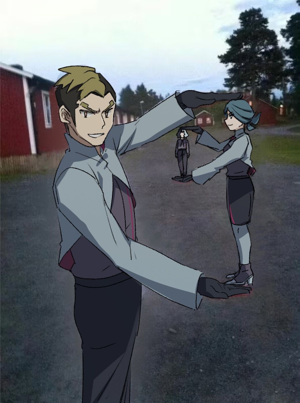 1girl, 2boys, amethio_(pokemon), black_gloves, black_hair, black_pants, black_skirt, bright_pupils