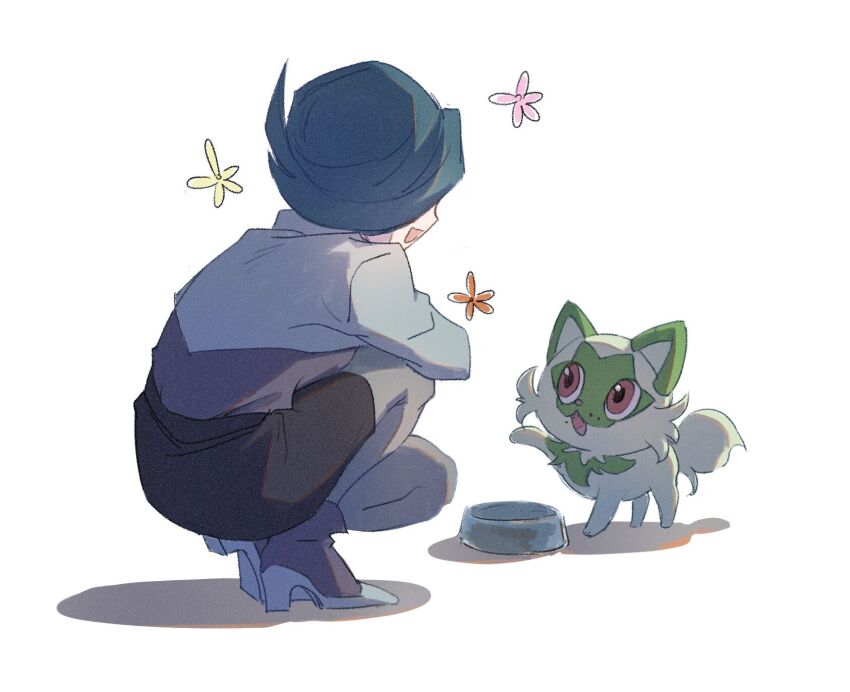 1girl, :d, black_skirt, bowl, commentary_request, cropped_jacket, green_hair, grey_pantyhose