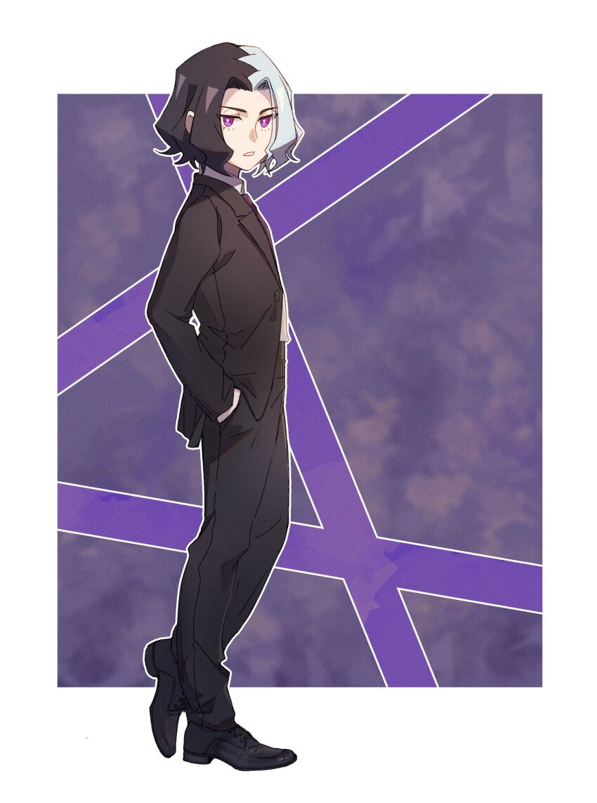 1boy, absurdres, amethio_(pokemon), black_jacket, black_pants, black_shoes, border, bright_pupils