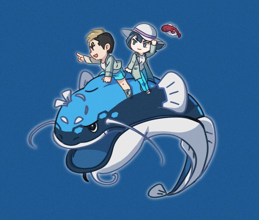 1boy, 1girl, black_hair, blue_background, bright_pupils, chibi, closed_mouth, coat