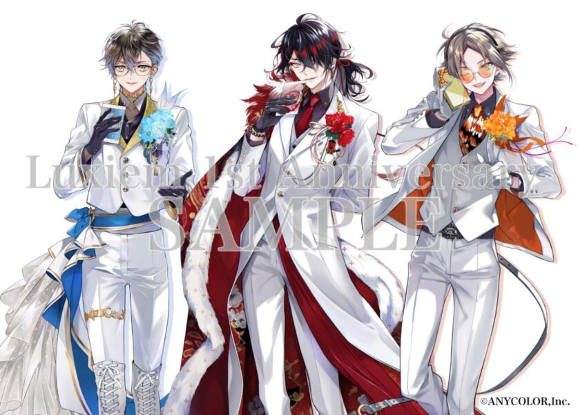 1boy, 3boys, ;d, arm_behind_back, ascot, bead_bracelet, beads, beckoning