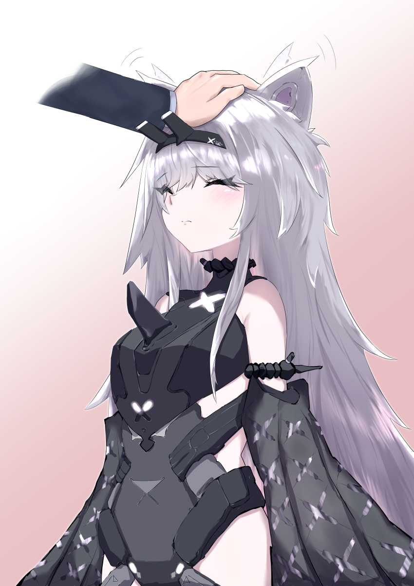 1girl, absurdres, animal_ears, bare_shoulders, black_bodysuit, black_sleeves, bodysuit, closed_eyes, closed_mouth, detached_sleeves, fake_animal_ears, grey_hair, headpat, highres, long_hair, long_sleeves, no._21:_feral_(pgr), no._21_(pgr), punishing:_gray_raven, solo_focus, takashi_san, wolf_ears